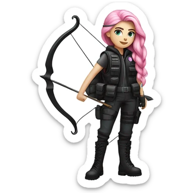 girl, white skin, tactical vest, dark pants, long pink hair, blue eyes, black beanie hat with crescent moon on front, black combat boots, bow and arrow sticker