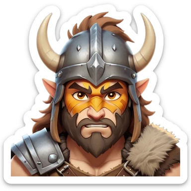 Cinematic Fierce Barbarian Portrait Emoji, Poised and bold with a rugged yet cartoonish build in tattered furs and a horned helmet, expressive bright eyes and a confident smirk, Simplified yet dynamic features, highly detailed, glowing with a vivid, adventurous aura, high shine, heroic and spirited, stylized with an air of medieval warrior charm, focused and energetic, soft glowing outline, capturing the essence of a fearless barbarian adventurer ready to lead his clan with spirited valor! sticker