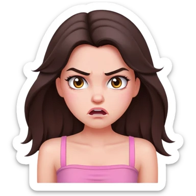 beautiful brunette girl long hair soft makeup pink tube top cute angry face sticker