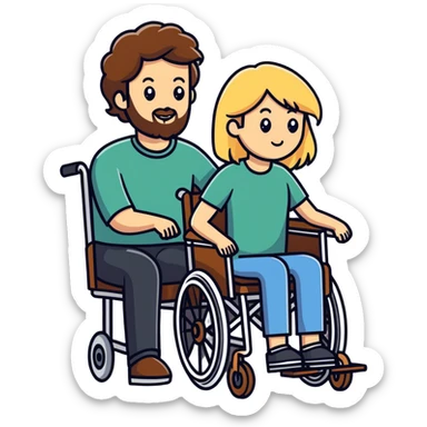 Single Brown haired man with a beard in a wheel chair with long blonde haired mom pushing the wheel chair sticker