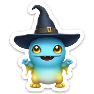 cute monster with white body, yellow tail, wearing blue sky witch hat. the face facing the front towards the 4th wall sticker