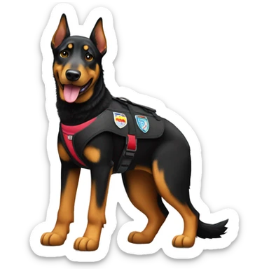 Beauceron dog with pointed ears full body wearing service dog vest  sticker