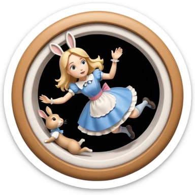 Isolated, detailed illustration of the most incredibly amazing modern style of disney's Alice in wonderland falling in rabbitbhole
figurine imaginable, toy style. sticker