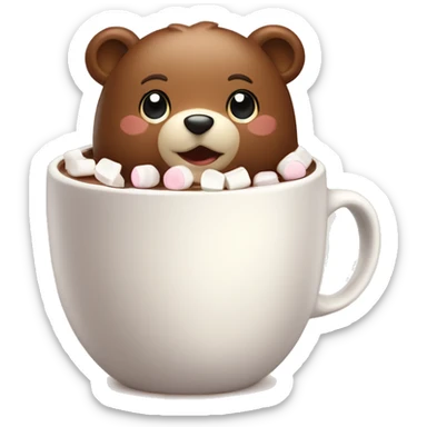 Baby bear ina. Cup of hot chocolate with marshmallows on its head  sticker