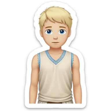 medieval summer outfit worn by a DnD themed fantasy character. basic lightweight sleeveless tunic with a decorative trim along the edges. clothes only above the waist. The clothes full waist. The character's haven't arms. character is blonde hair, blue eyes, short messy hair, white-skinned man. sticker