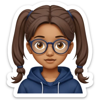 young south indian girl with big brown glasses wearing navy hoodie and has hair in ponytail with some strands out sticker