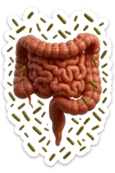 intestino umano anatomico con batteri intestinali che gli fluttuano intorno, iperrealistico 4k sticker