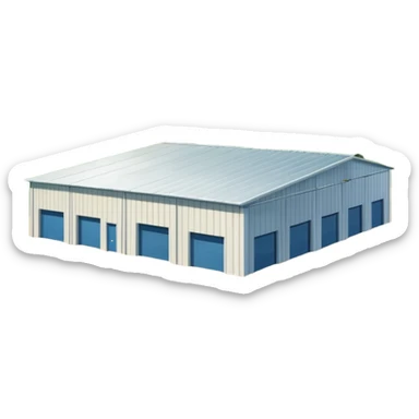 warehouse building with a flat roof, large doors, minimal windows, situated in a green California valley with hills on both sides, blue sky, simple and recognizable, suitable for Slack emoji sticker