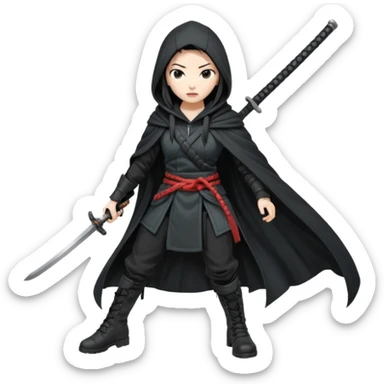 The character is a fierce, mysterious asian female warrior with long black hair in a braid. She wears a black hooded cloak, tactical black clothing, and black combat boots. She holds a katana in one hand. Her expression is confident and shadowed beneath the hood.  sticker