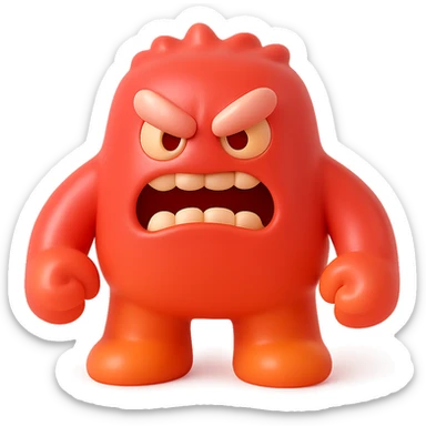 angry monster with furrowed brow, bared teeth, clenched fists, bright red and orange colors, toy-like sticker