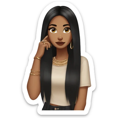 Glamorous, streetwear, black hair, long straight hair, olive skin, brown almond eyes, winged eyeliner with big lashes, wearing hooped earrings, rings and bracelets, almond fake nails sticker