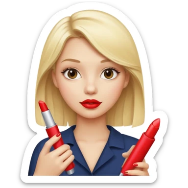 a girl with blonde hair is holding lipstick on her hand sticker