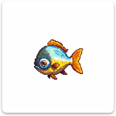 Minecraft inventory fish, eye pointing down-left at 45-degree angle, square texture, isolated fish with transparent background, pixel art game texture sticker