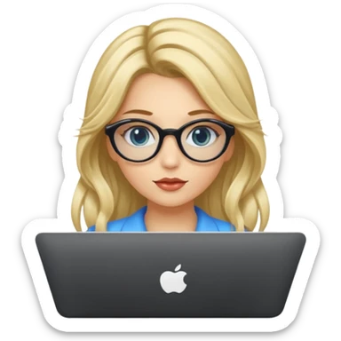 ragazza bionda con capelli lunghi, con occhiali tartarugati, occhi azzurri che lavora al pc sticker