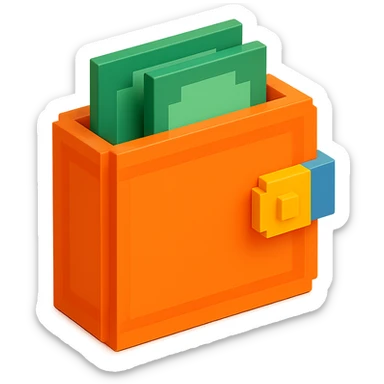3D voxel style icon of a wallet, with a bright color palette and simple cubic forms sticker