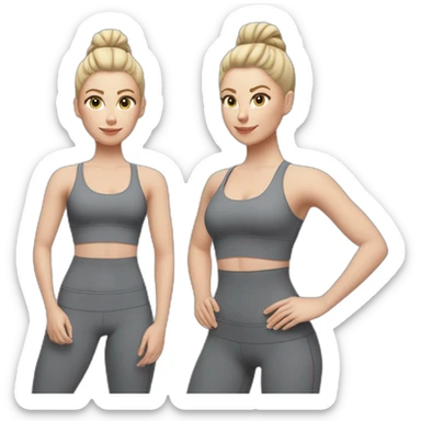 Pale skinned fit woman In a gray tight yoga suit and wristbands With ash blonde hair in a bun doing yoga sticker