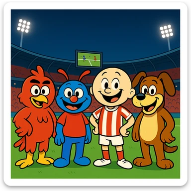 Make the five mascots much more cartoonish and exaggerated, with playful expressions and bold, fun shapes, while keeping the vibrant night soccer stadium, bright lights, green grass, red seats, large screen, and crowd in the background. Preserve the mascot colors and positions. sticker