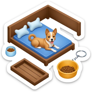 Goals:
1) Isometric view
2) Physically realistic portrayed in a way that would be expected to the average person
3) Avoid anything that could be considered offensive, even 2%

---
Now generate an image to represent a list to buy items for a dog. Items include: Kennel, bowl, bed, leash, etc sticker
