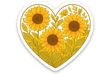 heart with a golden sunflower garden, clean digital illustration, no background sticker