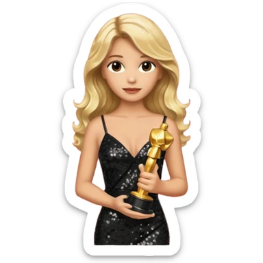 blonde model, brown eyes, long wavy hair, oscars red carpet, black sequin, holding oscar sticker