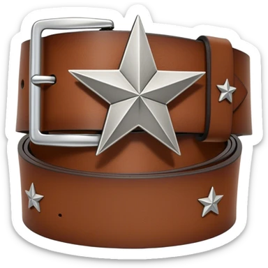 A standalone leather belt, folded neatly, brown color with a silver buckle featuring an engraved star symbol — no background, no person sticker