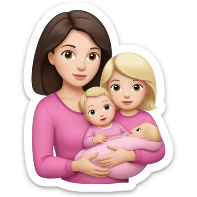 Brunette mama, blonde baby, brunette toddler wearing pink sticker