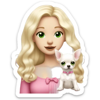 pale blond girl with wavy long platinum hair with green eyes holding a white chihuahua puppy that wearing a pink bow sticker