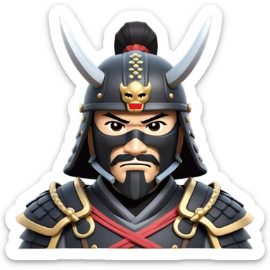 clash-of-clans-aesthetic_-cinematic-fearsome-and-majestic-samurai-bust-portrait-emoji, rendered in a flat, vector-style with minimal shading and bold, simplified shapes typical of emoji art, depicting a battle-hardened samurai with black mask and traditional black Japanese armor. The samurai is riding a noble grey warhorse adorned with an intricately designed saddle and fluttering banners and a rising sun. a samurai on a   horse sticker
