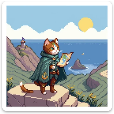 Explorer cat with map, mountain landscape with stars, wearing light explorer outfit with cape blowing in wind, gazing at horizon sticker