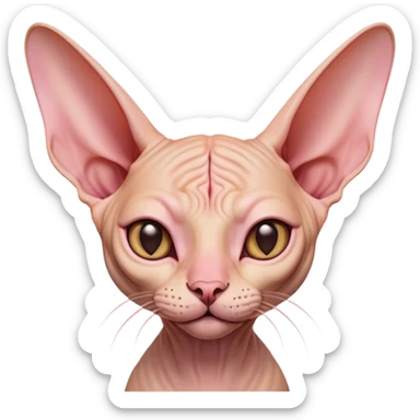 Cinematic Cute Sphynx Cat Portrait Emoji, Head tilted playfully and inquisitively, soft, wrinkled skin in warm peach and pink hues, oversized ears and wide, expressive eyes filled with curiosity, Simplified yet irresistibly adorable features, highly detailed, glowing with a warm, friendly glow, high shine, affectionate and lively, stylized with a touch of whimsy, bright and endearing, soft glowing outline, capturing the essence of a mischievous yet loving kitten, so playful it feels like it could pounce out of the screen and into your arms! sticker