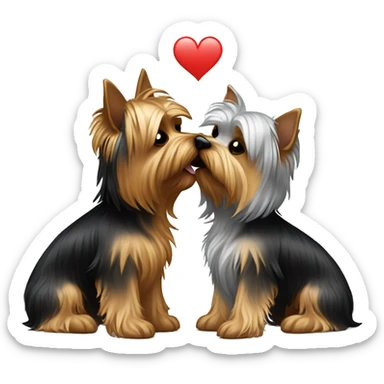 Two Yorkshire terriers kissing. One Yorkshire terrier is black and golden and the second Yorkshire terrier is silver and tan  sticker