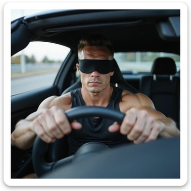 realistic young bodybuilder with blindfolded eyes, hands on steering wheel of a sports car, neutral expression, risk atmosphere, sporty clothing, urban road background, 4K quality sticker