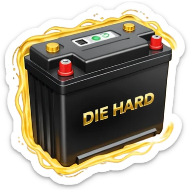black car battery labeled 'Die Hard' with golden energy waves surrounding it, highlighting its strength sticker