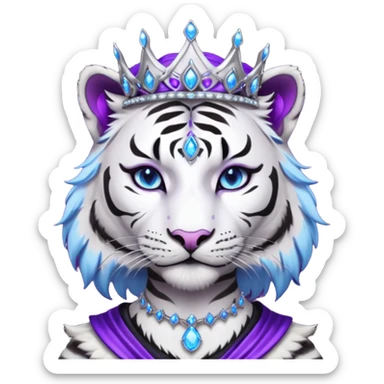 ESO Female white/black tiger khajiit leader of the umbral rose, glowing blue eyes, glowing blue 'third eye' gem; silver crown/tiara with purple gems  sticker