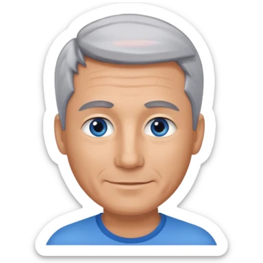 Middle aged man with tanned skin, little black to grey hair and no beard, blue eyes, shy smile sticker