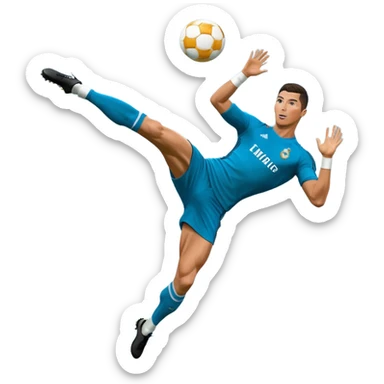 Ronaldo doing a bicycle kick with football in mid air While wearing a Retro blue Real madrid kit  sticker
