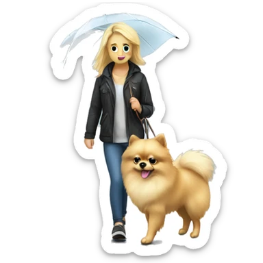 Blonde girl walking pomeranian under the rain sticker