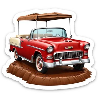 1955 Chevrolet Bel Air Convertible, Red-White color, with a bucket of brown mud pouring down on it, and the car itself is covered in brown mud on the sides that has stuck. 32x32 pixels, aspect ratio: 1:1 sticker