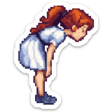 Make the bending woman pose much more exaggerated, keep the pixel art style, with no background. The style is pixel art, concise and pixelated. sticker