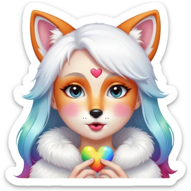 Feminine girl fox with white fur making a kissy face expression and a tiny rainbow heart sticker