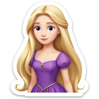 Rapunzel from hips up, purple dress, extremely long blonde hair, minimal style, larger size sticker