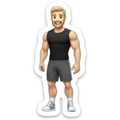 amazed Pale skinned Fit Man With the biceps and dark brown hair in black shirt, gray sports shorts and white Sneakers sticker
