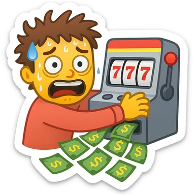 Make the frantic gambler look even more desperate with wild eyes, frantic expression, sweating, clutching the slot machine, money pouring out. Style: apple emoji style. sticker