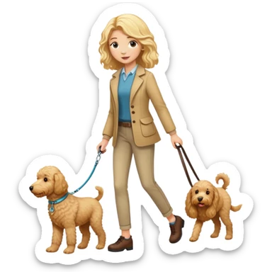 blonde girl walking goldendoodle on leash sticker
