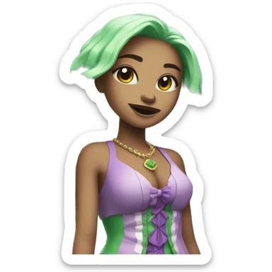 Create a cute character with a design related to slot casino with the word of ''FGH'' on her part of the dress or shirt  and make it color green and violet  make it more like chibi sticker
