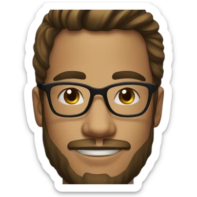young man in late 20s with beard and ponytail glasses sticker