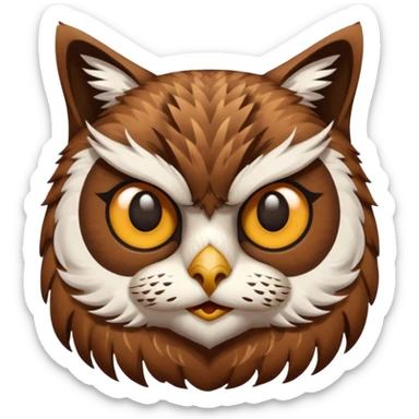 An cats head with a brown on top of the head of the cat the cats head infused with an white owls fulls body with brown wings sticker