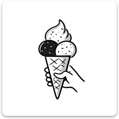 An ice cream cone with scoops of ice cream in pastel colors (dd9fb0, ffc6d3, a3bfc9, c4bee2, f1b091), hand-drawn doodle style sticker