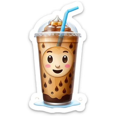 A 3D cartoon plastic cup of iced coffee with straw, clear lid, ice cubes floating, realistic condensation, bright sunlight, Memoji-style. sticker