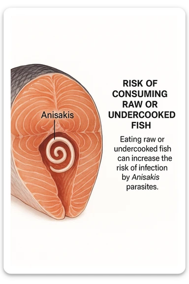 a close-up cross-section of a raw fish fillet, showing a white, coiled Anisakis parasite embedded in the muscle tissue. The parasite is clearly labeled, and the surrounding fish tissue is rendered in detail. The background is clean and white, with educational callouts explaining the risk of consuming raw or undercooked fish. sticker